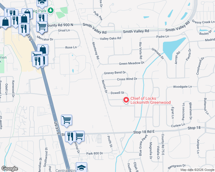map of restaurants, bars, coffee shops, grocery stores, and more near 601 Cross Wind Drive in Greenwood