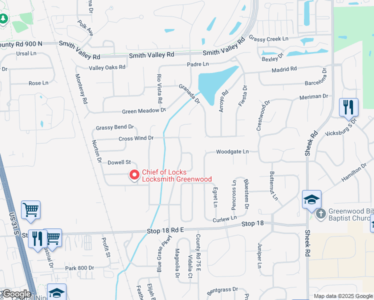 map of restaurants, bars, coffee shops, grocery stores, and more near 1279 Blue Heron Lane in Greenwood