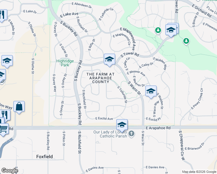map of restaurants, bars, coffee shops, grocery stores, and more near 6405 South Telluride Street in Aurora