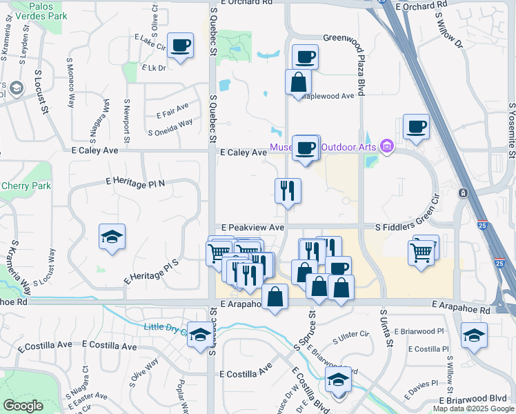 map of restaurants, bars, coffee shops, grocery stores, and more near 7575 East Peakview Avenue in Englewood