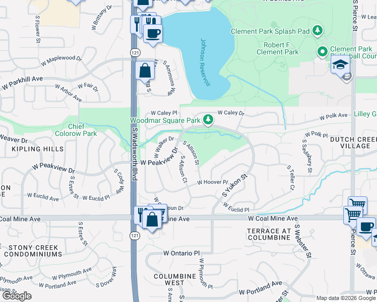 map of restaurants, bars, coffee shops, grocery stores, and more near 6511 South Allison Street in Littleton