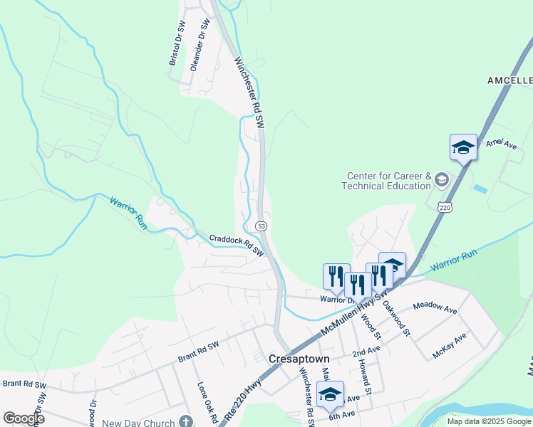 map of restaurants, bars, coffee shops, grocery stores, and more near 13900 Winchester Road Southwest in La Vale