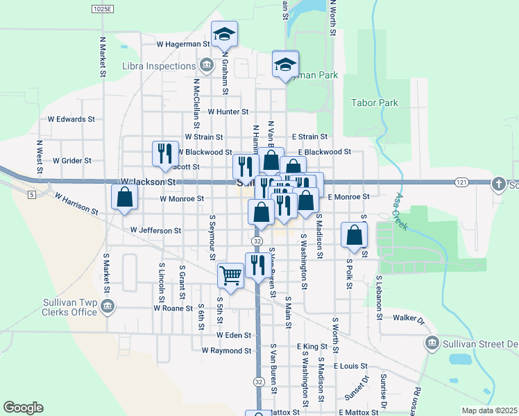 map of restaurants, bars, coffee shops, grocery stores, and more near 313 Monroe Street in Sullivan