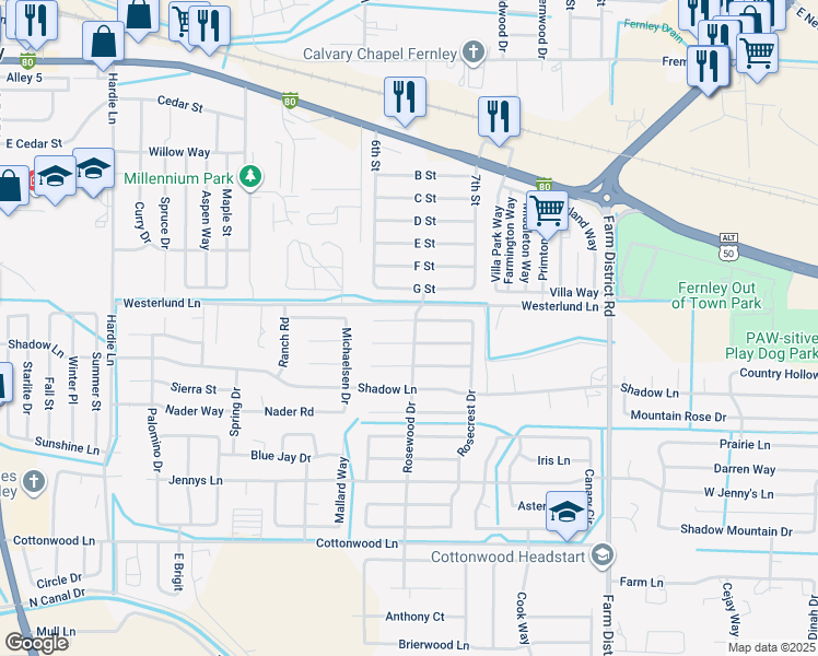 map of restaurants, bars, coffee shops, grocery stores, and more near 117 Primrose Drive in Fernley