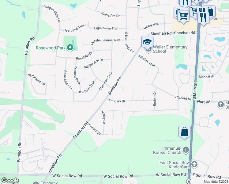 map of restaurants, bars, coffee shops, grocery stores, and more near 9910 Sheehan Road in Dayton