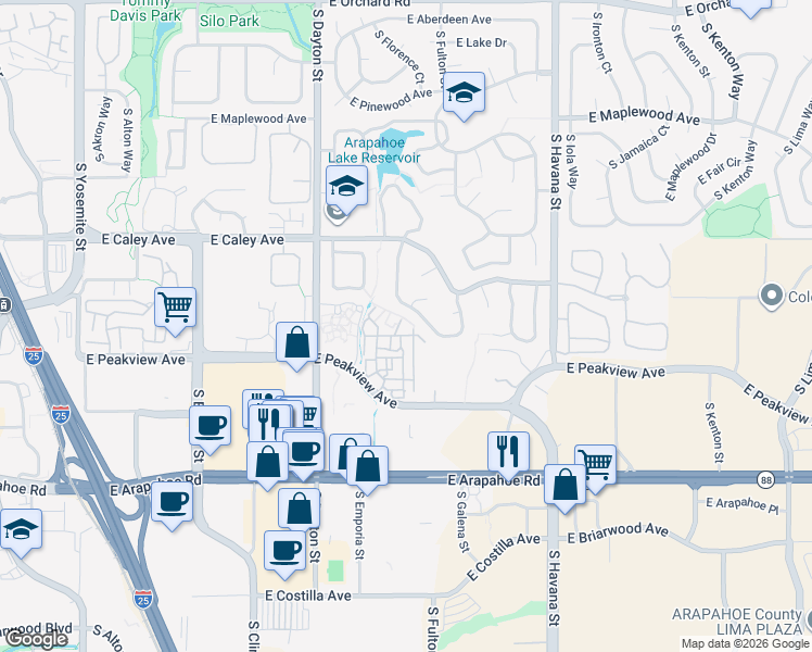 map of restaurants, bars, coffee shops, grocery stores, and more near 6385 South Florence Way in Englewood