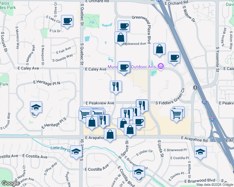 map of restaurants, bars, coffee shops, grocery stores, and more near 6440 South Syracuse Way in Centennial
