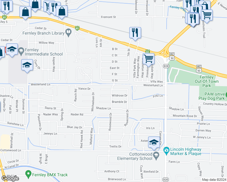 map of restaurants, bars, coffee shops, grocery stores, and more near 202 Rosewood Drive in Fernley