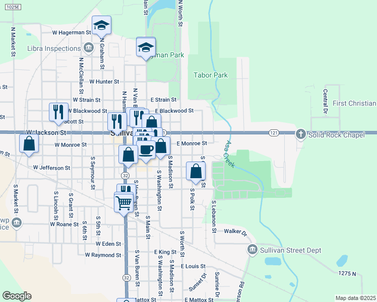 map of restaurants, bars, coffee shops, grocery stores, and more near 2-16 North Polk Street in Sullivan