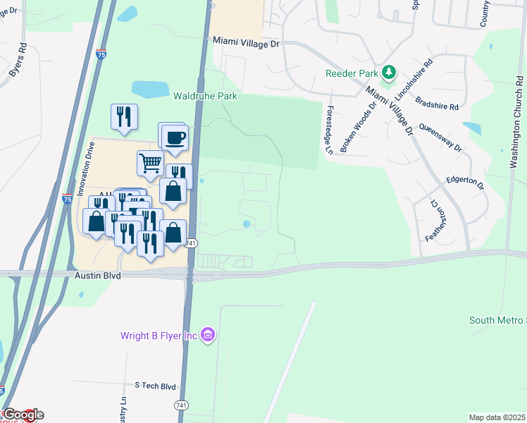 map of restaurants, bars, coffee shops, grocery stores, and more near 2991 Austin Springs Boulevard in Miamisburg
