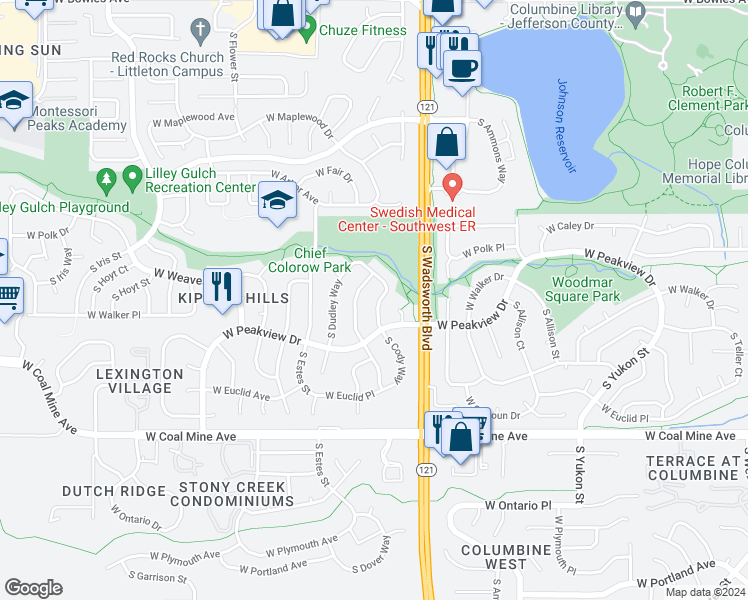 map of restaurants, bars, coffee shops, grocery stores, and more near 6471 South Cody Way in Littleton