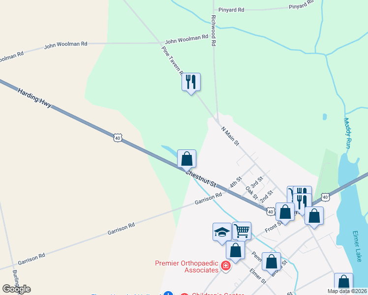 map of restaurants, bars, coffee shops, grocery stores, and more near 458 U.S. 40 in Elmer