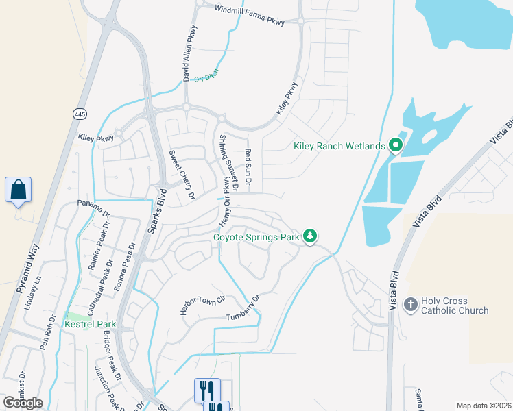 map of restaurants, bars, coffee shops, grocery stores, and more near 1180 Fairway Vista Lane in Sparks