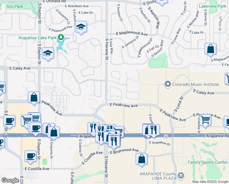map of restaurants, bars, coffee shops, grocery stores, and more near 6360 South Havana Street in Englewood