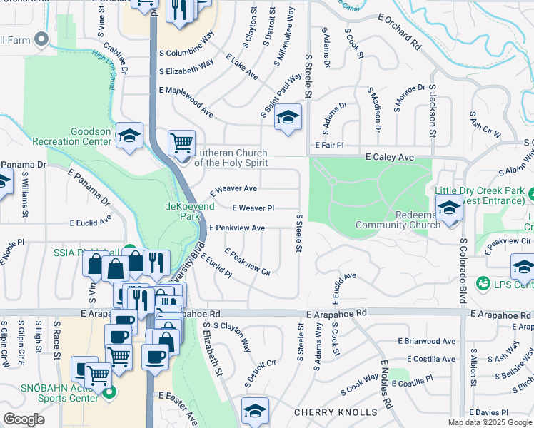 map of restaurants, bars, coffee shops, grocery stores, and more near 3103 East Weaver Place in Centennial