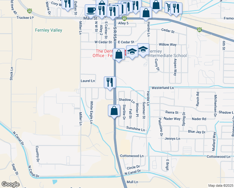 map of restaurants, bars, coffee shops, grocery stores, and more near 140 Shadow Lane in Fernley