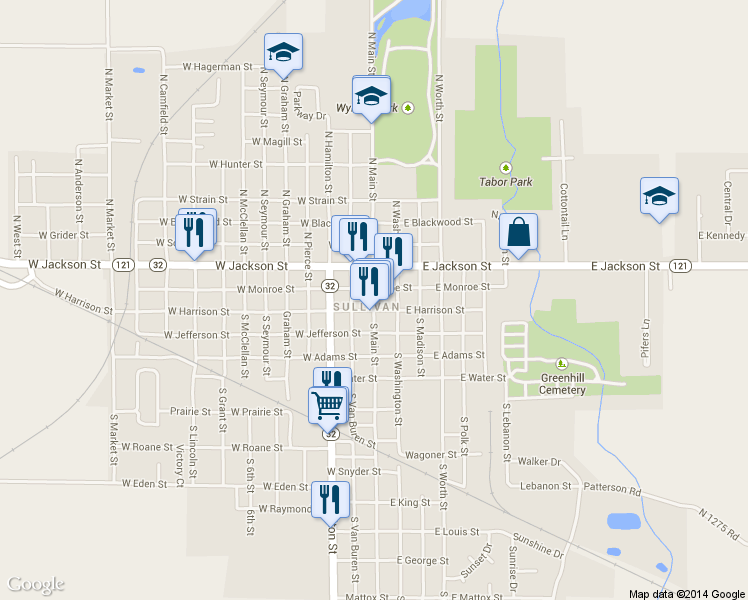 map of restaurants, bars, coffee shops, grocery stores, and more near 49 North Main Street in Sullivan