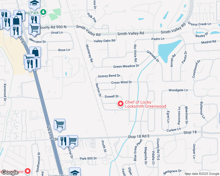 map of restaurants, bars, coffee shops, grocery stores, and more near 614 Greenway Street in Greenwood