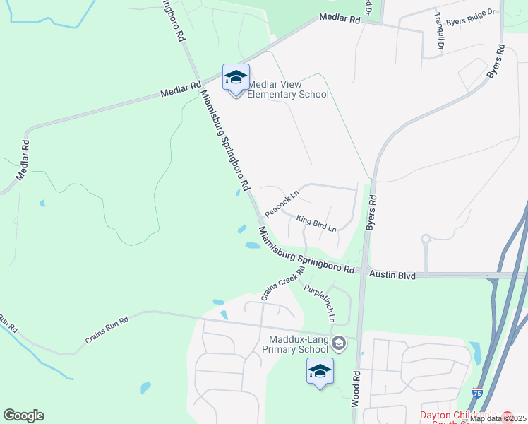 map of restaurants, bars, coffee shops, grocery stores, and more near 10399 Peacock Lane in Miamisburg