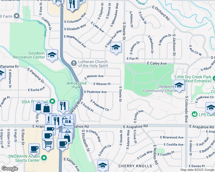 map of restaurants, bars, coffee shops, grocery stores, and more near 3103 East Weaver Place in Centennial