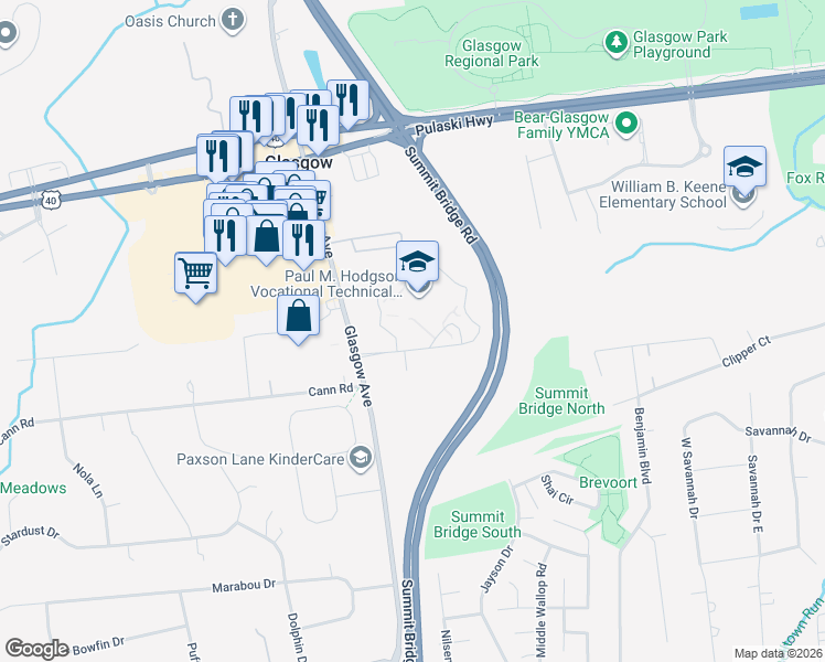 map of restaurants, bars, coffee shops, grocery stores, and more near 2575 Glasgow Avenue in Newark