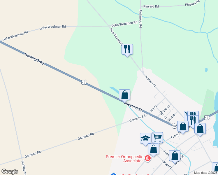 map of restaurants, bars, coffee shops, grocery stores, and more near 458 U.S. 40 in Elmer