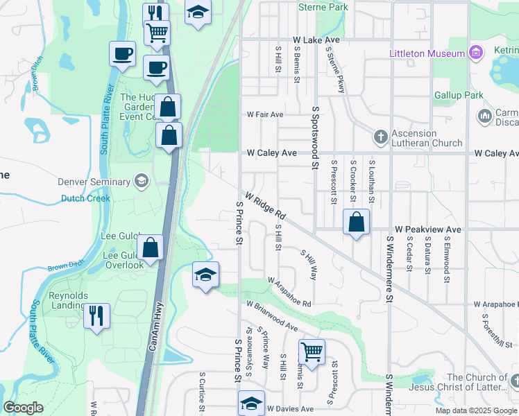 map of restaurants, bars, coffee shops, grocery stores, and more near 2232 West Ridge Road in Littleton