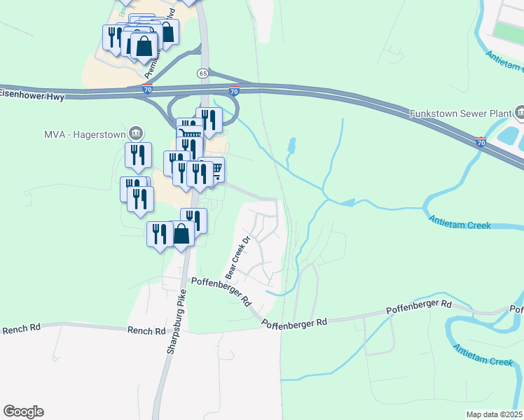 map of restaurants, bars, coffee shops, grocery stores, and more near 18500 Bull Run Drive in Hagerstown