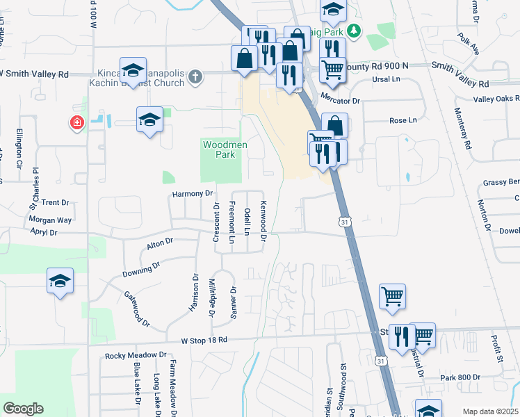 map of restaurants, bars, coffee shops, grocery stores, and more near 1214 Kenwood Drive in Greenwood