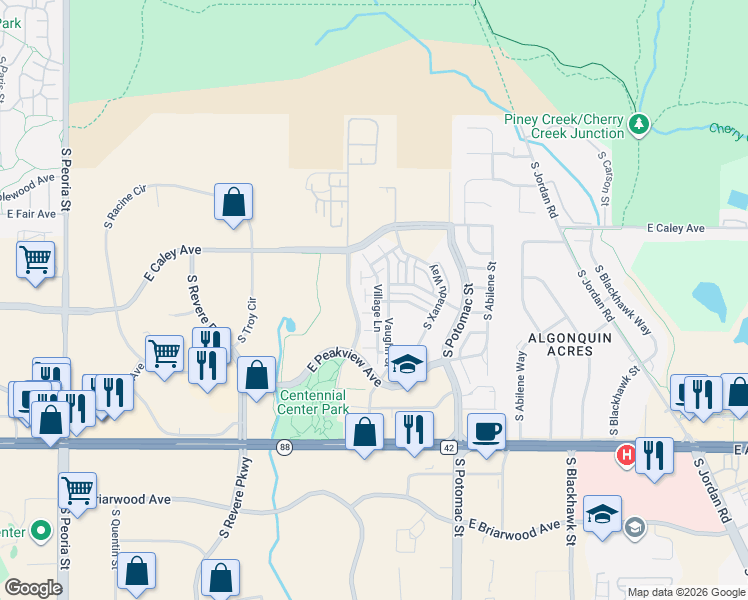 map of restaurants, bars, coffee shops, grocery stores, and more near 6429 Village Lane in Centennial