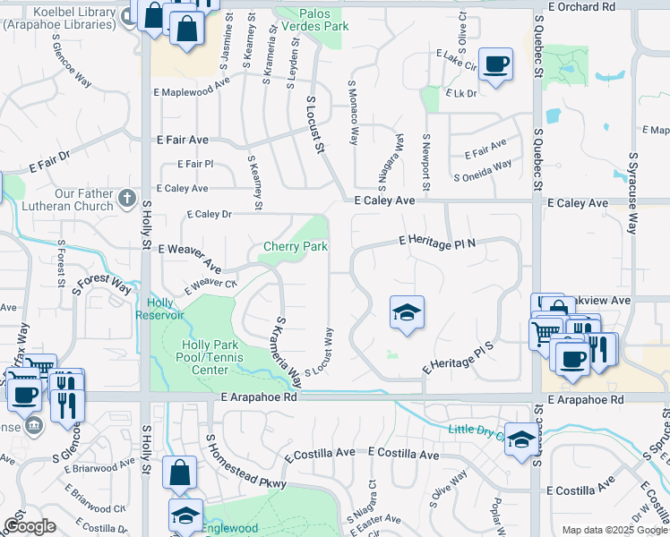 map of restaurants, bars, coffee shops, grocery stores, and more near 6379 South Locust Way in Centennial