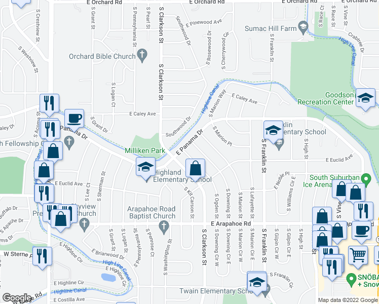 map of restaurants, bars, coffee shops, grocery stores, and more near 6413 South Downing Street in Centennial