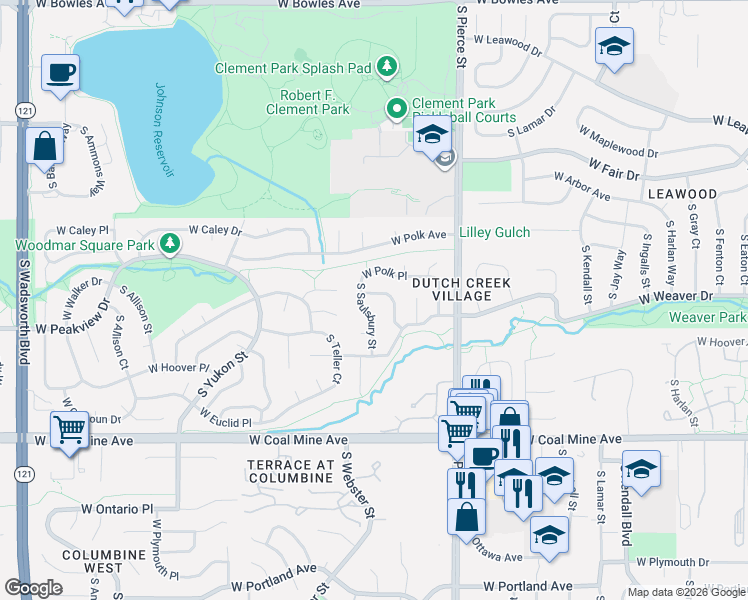 map of restaurants, bars, coffee shops, grocery stores, and more near 6353 South Reed Way in Littleton