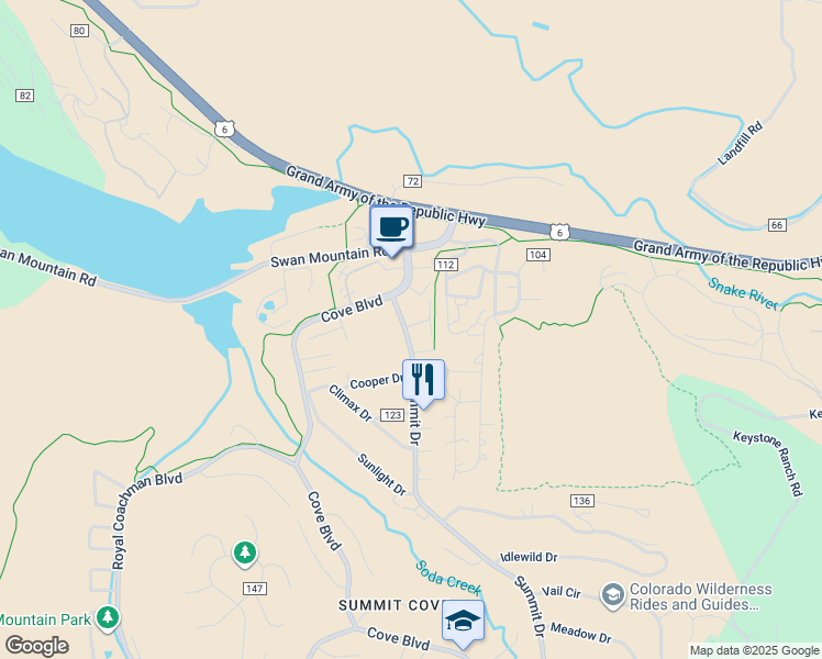 map of restaurants, bars, coffee shops, grocery stores, and more near 78 Summit Drive in Dillon