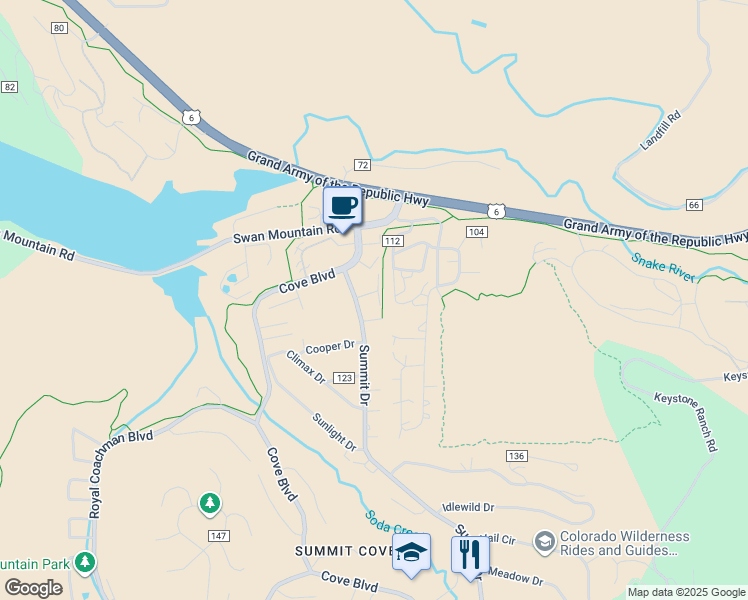 map of restaurants, bars, coffee shops, grocery stores, and more near 108 Summit Drive in Dillon