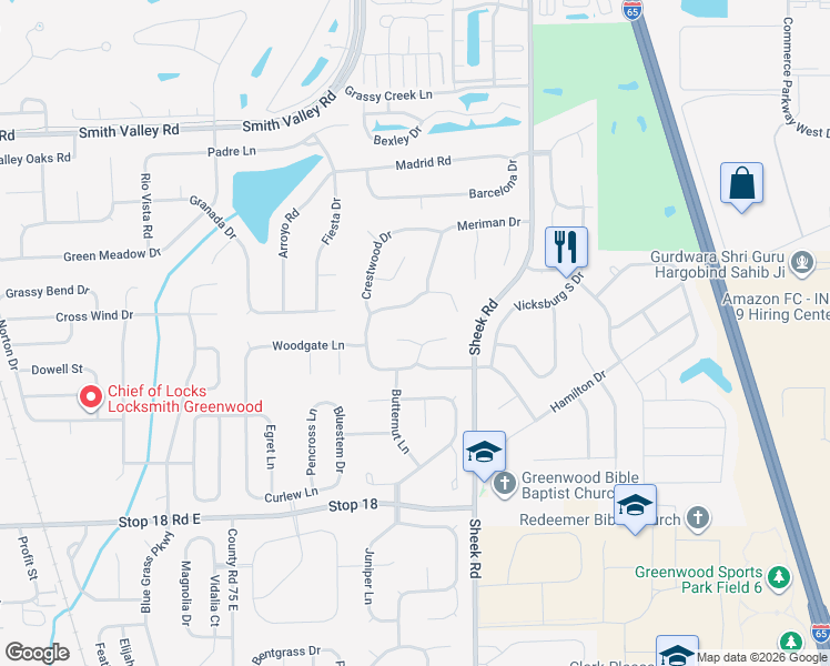 map of restaurants, bars, coffee shops, grocery stores, and more near 1062 Springwater Circle in Greenwood