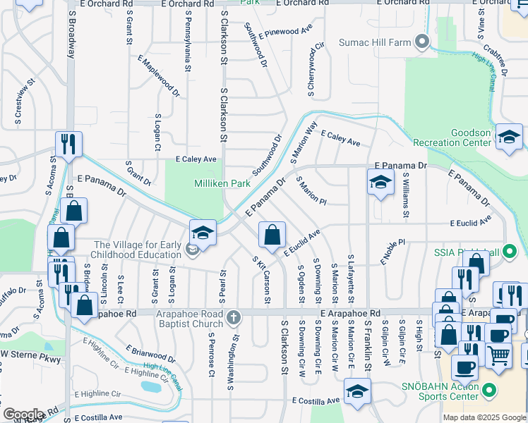 map of restaurants, bars, coffee shops, grocery stores, and more near 6413 South Downing Street in Centennial