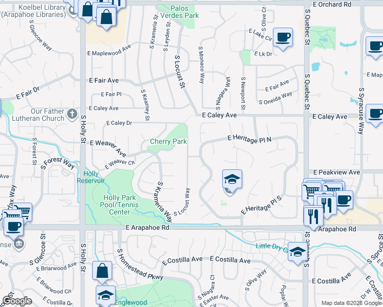 map of restaurants, bars, coffee shops, grocery stores, and more near 6379 South Locust Way in Centennial