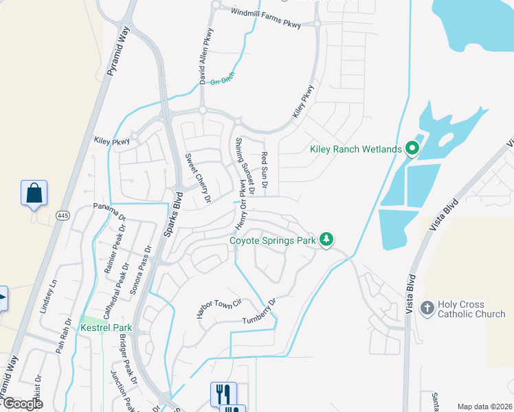 map of restaurants, bars, coffee shops, grocery stores, and more near 1132 Fairway Vista Lane in Sparks