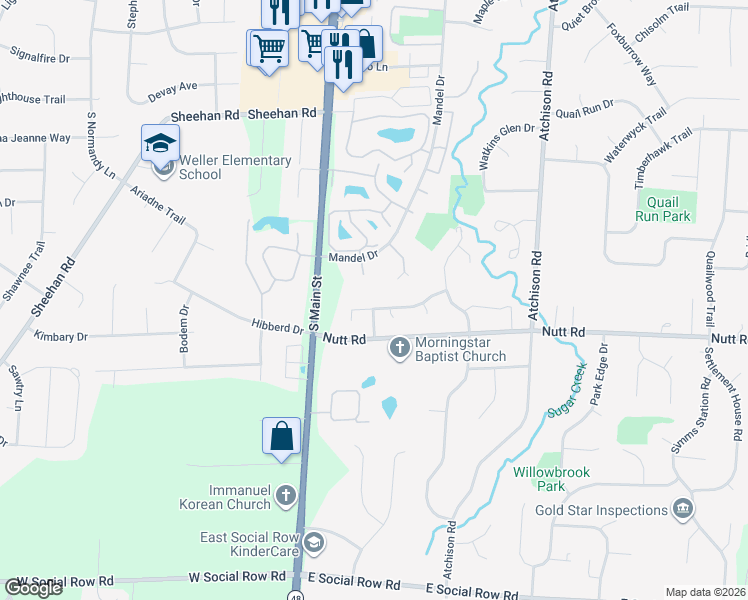 map of restaurants, bars, coffee shops, grocery stores, and more near 357 Grassy Creek Way in Dayton