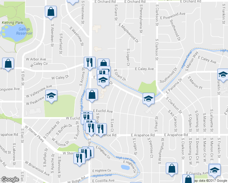 map of restaurants, bars, coffee shops, grocery stores, and more near 6520 South Lincoln Street in Centennial