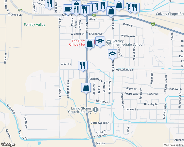 map of restaurants, bars, coffee shops, grocery stores, and more near 55 Cloud Dr in Fernley