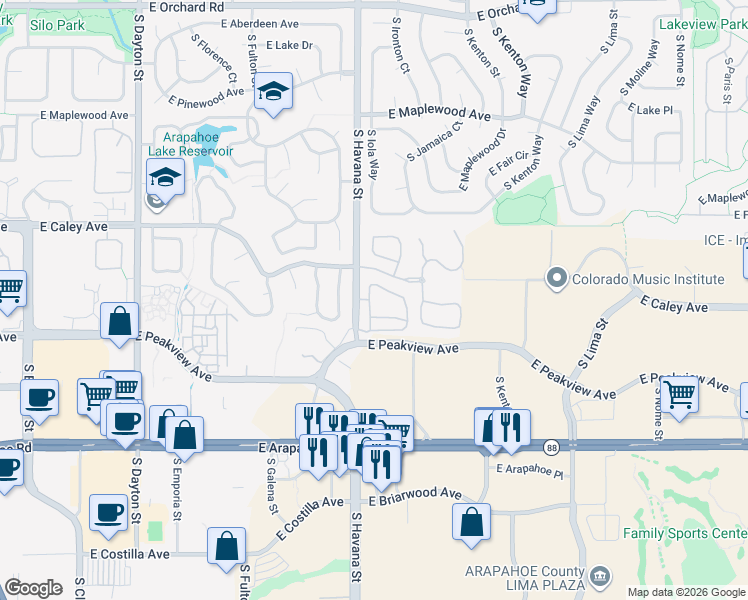 map of restaurants, bars, coffee shops, grocery stores, and more near 6360 South Havana Street in Englewood