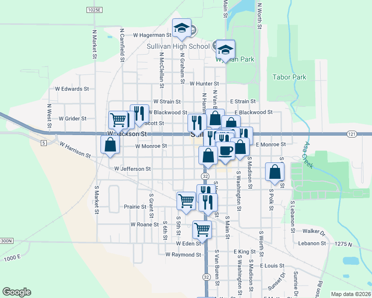 map of restaurants, bars, coffee shops, grocery stores, and more near 313 Monroe Street in Sullivan