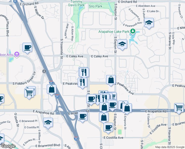 map of restaurants, bars, coffee shops, grocery stores, and more near 6450 South Boston Street in Greenwood Village