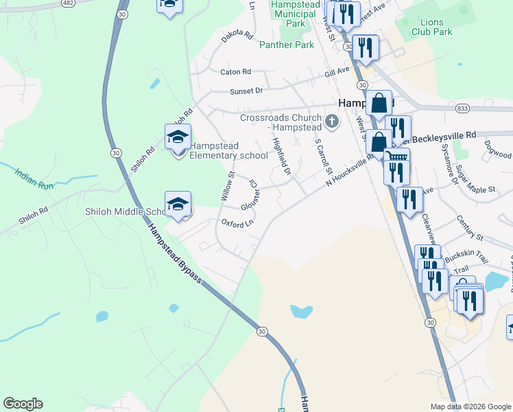 map of restaurants, bars, coffee shops, grocery stores, and more near 917 Glouster Circle in Hampstead