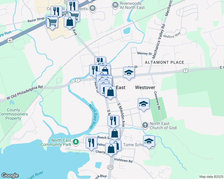 map of restaurants, bars, coffee shops, grocery stores, and more near 15 South Mauldin Avenue in North East