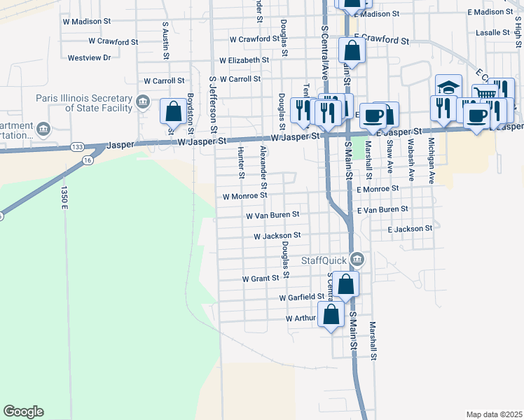 map of restaurants, bars, coffee shops, grocery stores, and more near 501 West Van Buren Street in Paris