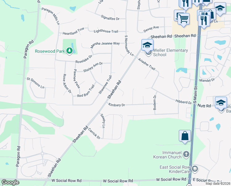 map of restaurants, bars, coffee shops, grocery stores, and more near 9910 Sheehan Rd in Dayton