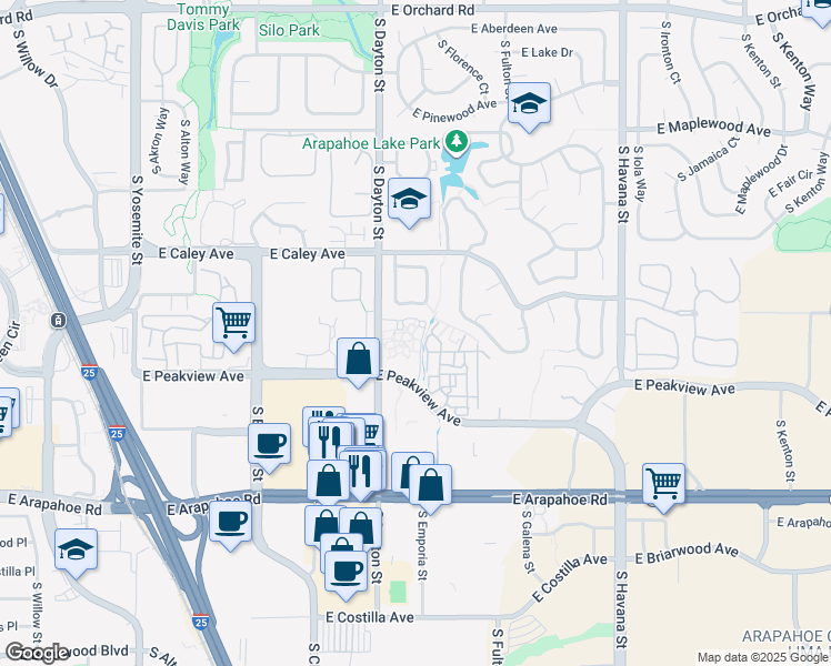 map of restaurants, bars, coffee shops, grocery stores, and more near 9959 East Peakview Avenue in Greenwood Village